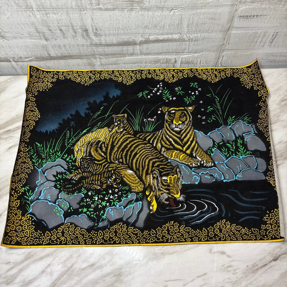 Vintage Black Velvet Tiger Water Stream Wall Tapestry